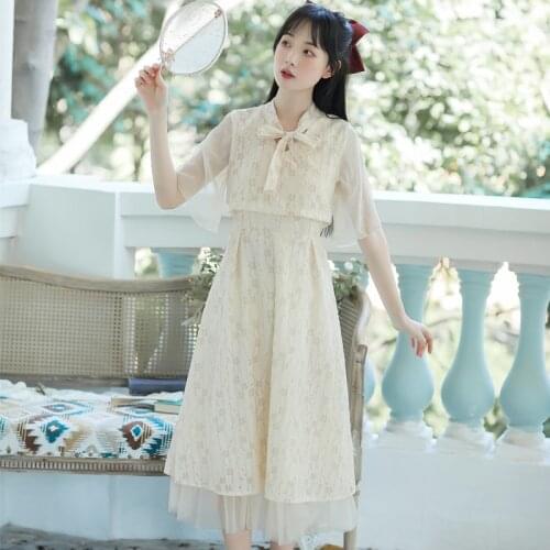 Gentle Wind And Sweet Bow Tie Lace Dress 2021 New Summer women Mesh Stitching Elegant Retro Dress