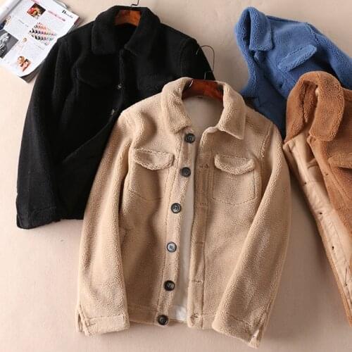 Winter Women Casual Turn-Down Collar Coat Lady Pockets Fake Fur Jackets Female Plus Size Warm Outwear imitation Lambswool Tops