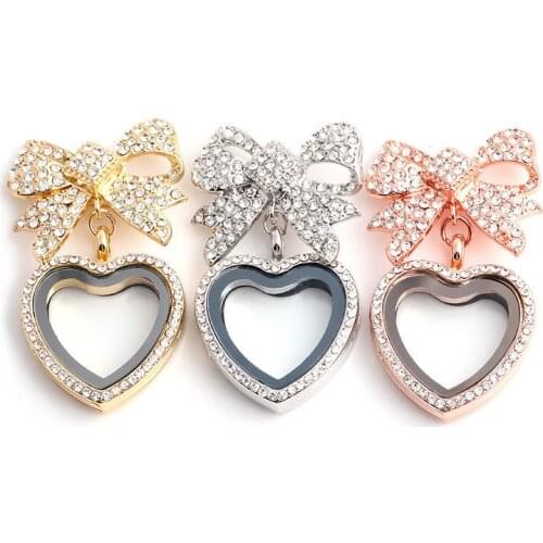 10PCS Vintage Rhinestones Heart Locket Bowknot Flating Brooch Making Fit Women Party Gift Jewelry Supplies