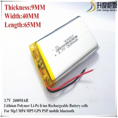 2pcs Polymer battery 2600mah 3.7V 904065 smart home MP3 speakers Li-ion battery for dvr,GPS,mp3,mp4,cell phone,speaker