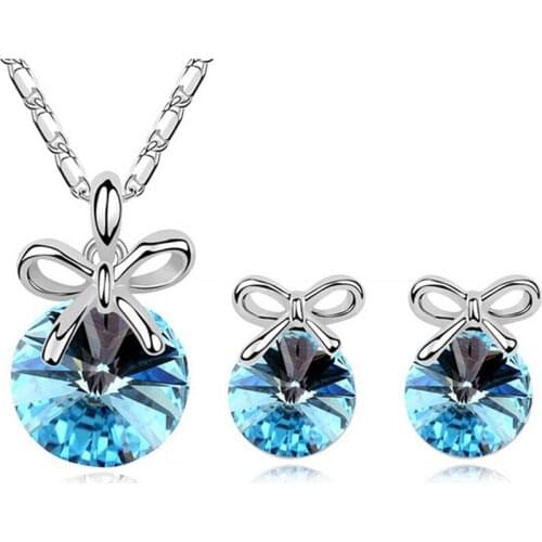 2021 New Arrival silver plated jewelry Hearts and Arrows Austrian Crystal Earrings Necklace Set Satellite - sweet knot