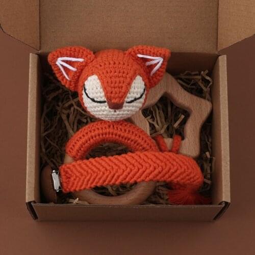 3Pcs Infant Shower Gift Baby Wooden Teether Ring and Pacifier Chain Clip Nipple Holder Crochet Animal Rattle Molar Toys