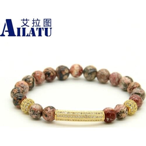 Ailatu Fashion Men & Women Jewelry Wholesale 8mm Leopard Veins Stone Micro Inlay Clear Cz Tube Beaded Bracelets