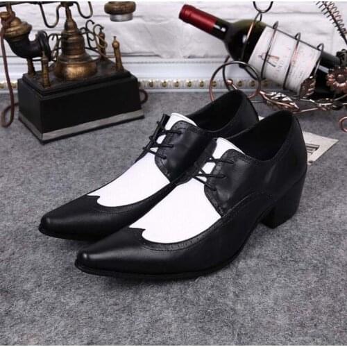 Hot Italian Classic Black White Brogue Genuine Leather Lace Up high heels Mens Formal Business Dress Party Office Wedding Shoes
