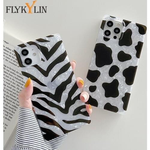 Phone Cases For iPhone 11 12 Pro Max XS Max XR X 7 8 Plus SE 2020 Soft IMD Silicone Zebra Black White Cow Pattern Square Cover