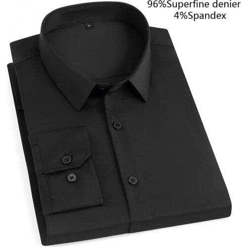 Black Solid Shirt Mens Casual Slim Long Sleeve Shirts Men Work Formal Camisa Non Iron Elasticity Superfine Denier Chemise Homme