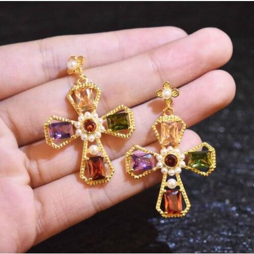 BLACK ANGEL New Gold Plated Colored Zircon Christmas Cross Stud Earrings Dutch Windmills Crystal Gemstone Pearl Ear Jewelry