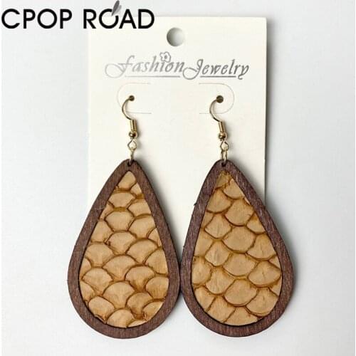 Cpop Fish Skin Leather Earrings for Women Colorful Teardrop Wood Earrings Fashion Jewelry Accessories Hot Sale Party Gift Girl