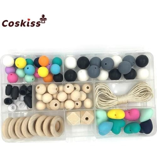 Baby Teether Toys Dark Colors Silicone Teething Kit Geometric Hexagon Silicone Wooden Rings Teething Beads DIY Nursing Necklace