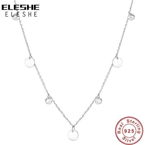 ELESHE 925 Sterling Silver Cubic Zircon Crystal Round Coin Choker Necklaces Pendant for Women Fashion Silver Jewelry