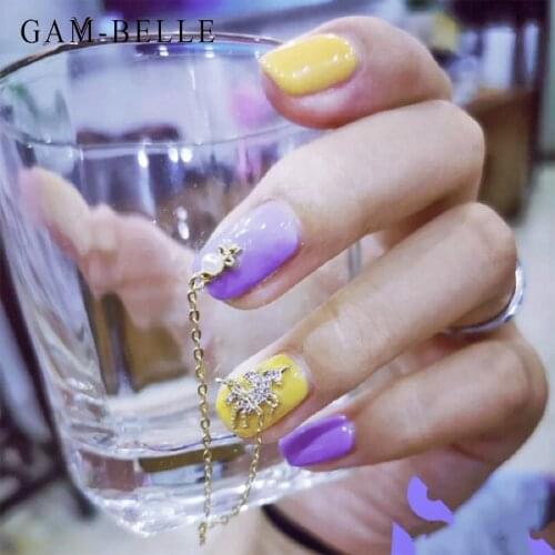 GAM-BELLE Purple Yellow False Nails Full Cover French Stiletto Flame Artificial Press on Nails Tips Art DIY Manicure Tool