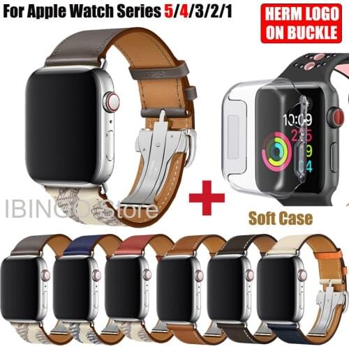 Herm Logo Leather Single Tour Deployment Buckle for Apple Watch Series 5 4 3 2 1 Watch Band Strap for iWatch 44mm 40mm 42mm 38mm
