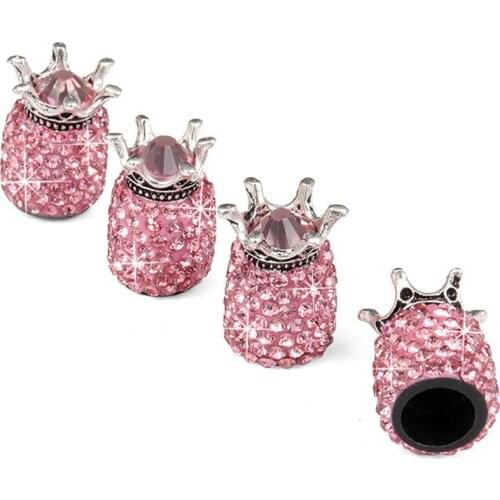 4 pcs New Arrive Pink Clear Diamond Crown Car Tire Valve Caps Crystal Bicycle Tyre Wheel Air Anti Dust Caps Cover