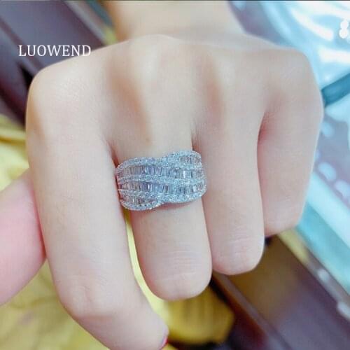 LUOWEND 100% Real 18K White Gold Engagement Ring Anniversary Classic Row Drill Style Natural Diamond Ring for Women Wedding