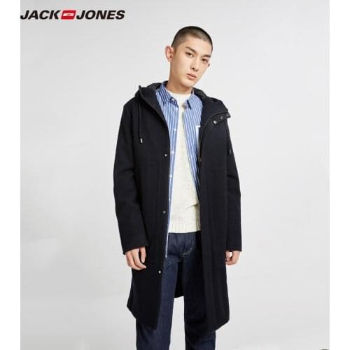 JackJones Mens Hooded Stand-up Collar Business Casual Hooded Woolen Overcoat|218327514