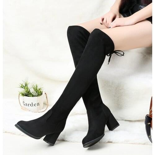 New Female Thick Heels High Shoes Large Size Womens High-heeled Non-slip Suede Long Boots Plus Velvet Warm Womens Cotton Boots