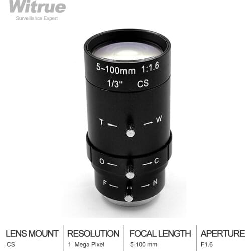 Witrue HD CCTV Lens 5-100mm Varifocal CS Mount F1.6 Aperture 1/3" Manual Zoom Iris for Security CCTV Cameras
