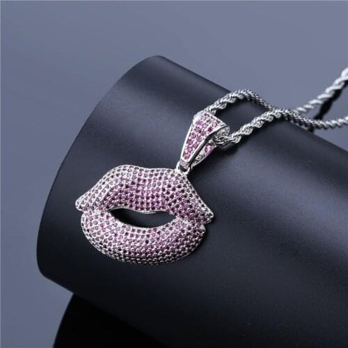 Lucky Sonny Full CZ Micro Paved Red Lip Necklace Pendants & Necklaces with Rope Chain Silver Color Charm Hip Hop Party Jewelry