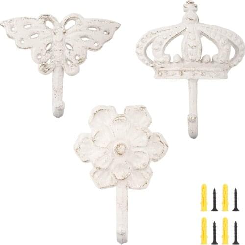 Antique Decorative Wall Hooks,3 Pieces Vintage Hanging Hooks Wall Hanger Brackets with Screws,Crown and Flower,Vintage White