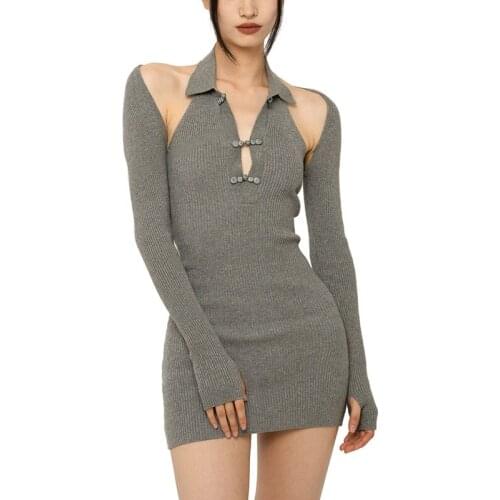 Chinese Style Knitting Dress With Coil Button, Two Piece Dress With Camp Shoulder And Hip Skirt For Hot Girl In Summer DRESS