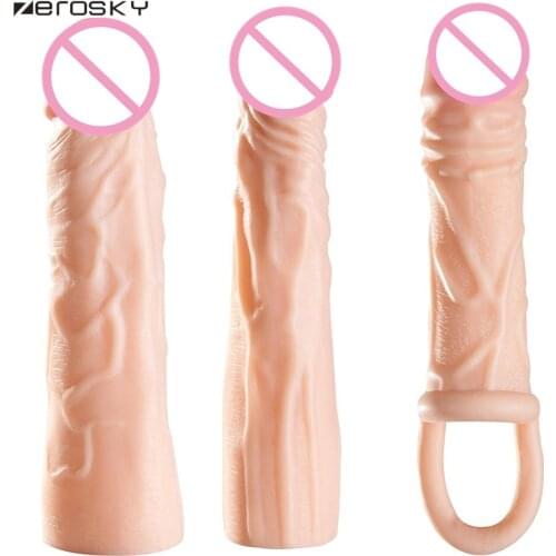 Zerosky TPE Reusable Condoms Extend Soft Dick Cock Ring Male Penis Extension Sleeves Dildo Sex Toys for Man Sex Games