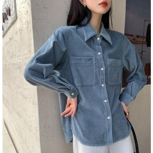 2021 New Loose Corduroy Shirts For Women Turn-Down Collar Solid Female Tops Spring Blouses Camisas De Mujer