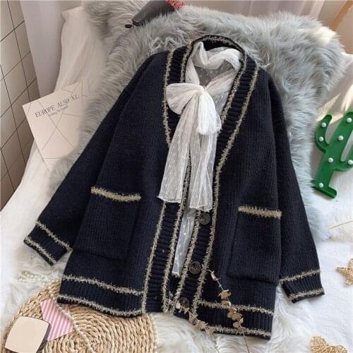 Knitted Women Sweaters and Cardigan 2021 Winter New Loose Thicken Warm Pocket Black Beige Casual Style Outwear Coat Tops