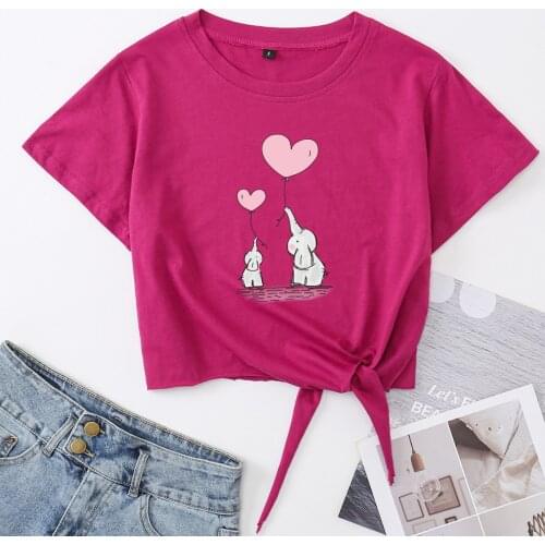 Elephant Mama Mommy Mini Me Crop Top Womens Summer Short-sleeve Print Cotton T-shirt Cropped Tops Graphic Tee with Front Knot