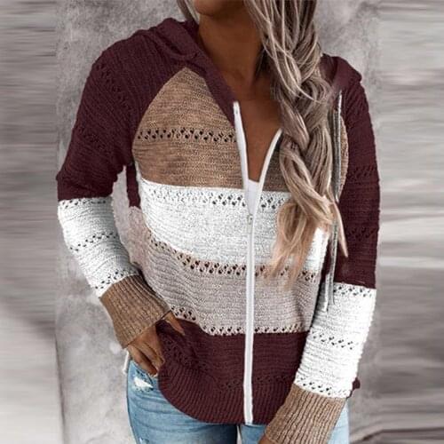 Knitted Hollow Out Patchwork Women Sweaters Long Sleeve Zipper Female Cardigan Autumn Drawstring Streetwear Casual Lady Sweater