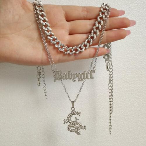 Flatfoosie Miami Crystal Cuban Chain Necklace Multilayer Babygirl Letter Dragon Pendant Necklace for Women Men Rapper Jewelry