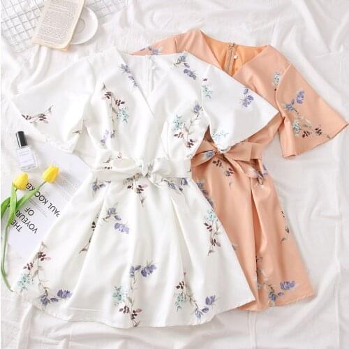 Summer 2021 Women Flower Print Dress Lady V-neck Flared Sleeves Plus Sashes High Waist Light Blue Beach Holiday Dresses Vestidos