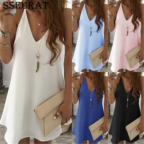 SSEURAT Women Sling Dress Casual Solid Spaghetti Short Dress Sleeveless Dress Sexy Ladies Vestido