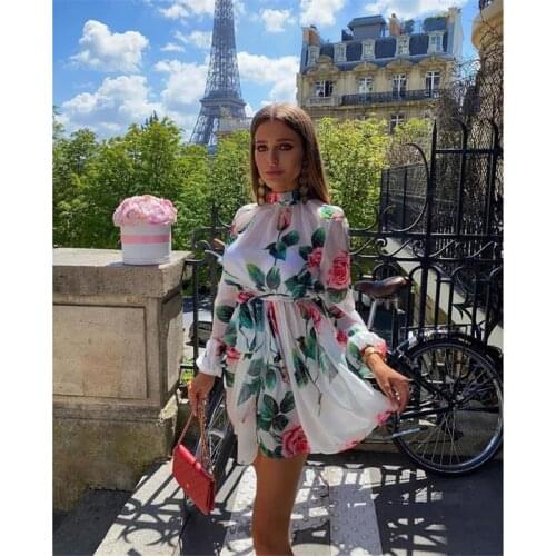 High Quality Long Sleeves Printing Mini Dress Spring/Summer Featuring High Neck Floral Pattern Waist Belt Woman Dress Vintage