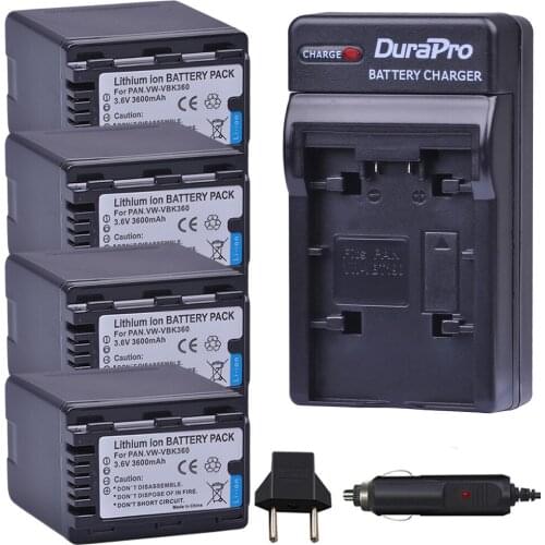 4PC VW-VBK360 VW VBK360 Camera Battery + Car Charger for Panasonic HDC-HS80 SD40 SD60 SD80 SDX1 SDR-H100 H85 H95 HS60 HS80 TM60