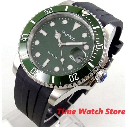 40mm PARNIS mechanical watch men waterproof Noble rubber bracelet green dial luminous sapphire ceramic bezel MIYOTA Auto PA69