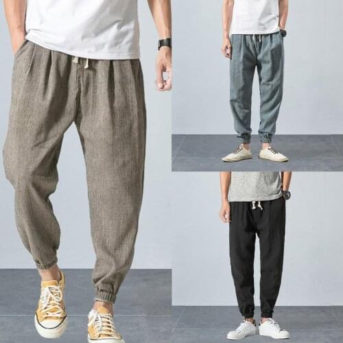 Men Pants Solid Color Drawstring Summer Loose Breathable Mid Rise Pockets Trousers Men Streetwear Casual Pants Oversize 2021