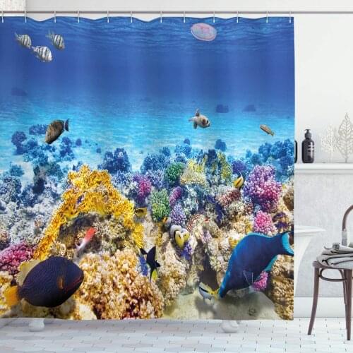 Fish Shower Curtain Underwater Sea World Scene with Goldfish Starfish and Jellyfish Depth Diving Concept Bathroom Decor Set