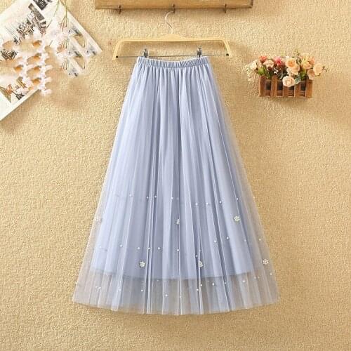 Elegant Womens Skirt Spring Summer High Quality 3 layers Mesh Gauze Beading Skirts 2020New High Waist Pleated A- line Skirt 185