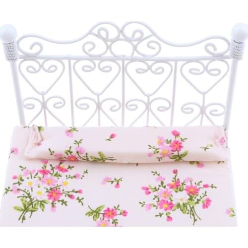 European 1/12 Metal Bed with Floral Mattress Accessories for Dolls House Bedroom Decorations