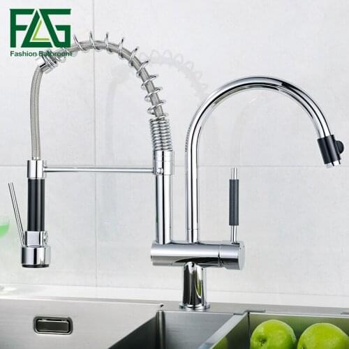 FLG Free Shipping Torneira Cozinha Polished Chrome Brass Double Spouts 360 Degree&Pull Out Kitchen Faucet.kitchen sink mixer tap