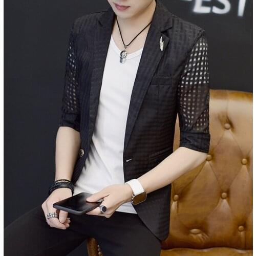 Hombre Casual Blazer See Through Blazer Half Sleeve Lattice Blazer Masculino Slim Fit Thin Suit Jacket Men Prom Blazers For Men