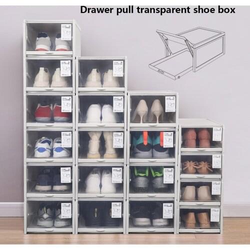 2pcs/set Push Drawer Type Shoe Box Thickened Transparent Foldable Shoe Storage Box Save Space Shoe Cabinet Organizers