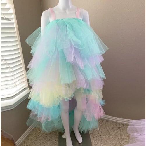 Colourful Simple Cute Spaghetti Strap Party Dresses Tulle Ruffles Strapless Hi-Lo Split Ball Gown Custom Made