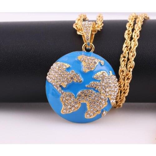 Iced Out Blue Earth Pendant Bling Cubic Zircon Necklace For Men and Women Fashion Hip Hop Jewelry Gifts