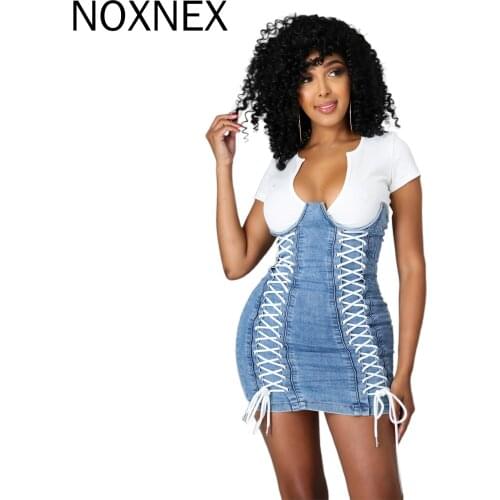 NOXNEX Women Mini Dress Patchwork Denim Short Sleeve Bandage Back Zip Stretchy Bodycon Dresses Summer 2021 Design Style