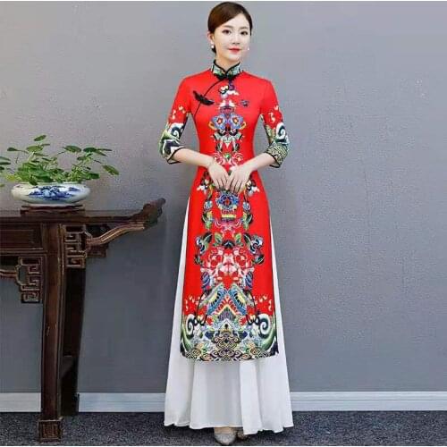 Traditional Chinese Women Short Sleeve Aodai Dress Autumn Satin Mandarin Collar Qipao Sexy A-Line Loose Cheongsam