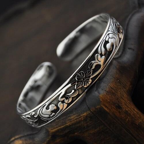 Retro Chinese Ethnic Carve Flower Relief Patterns Bangle Designs Adjustable Bracelet Buddhism Tibetan silver Woman jewelry Gift
