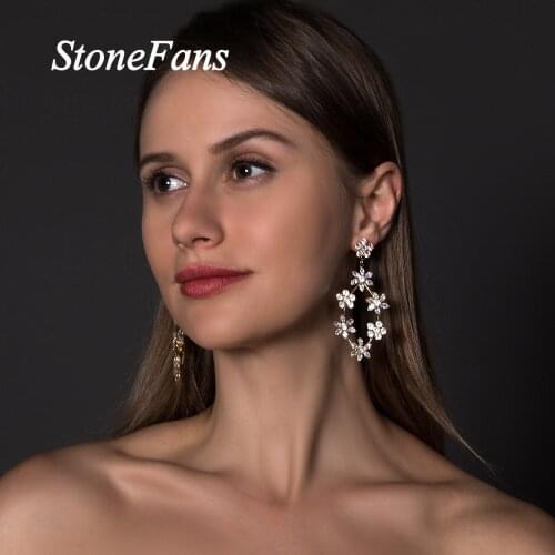 Stonefans Luxury Cubic Zirconia Earrings Stainless Steel for Women Elegant Bridal Flower Earrings Stud Pendant Earring Jewelry