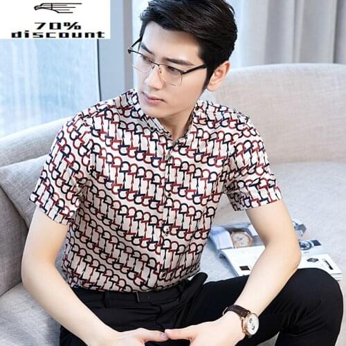 Real Silk Summer Shirt Men Short Sleeve Printed Shirt Social Mens Shirts Casual Slim Fit 2020 Camisas Hombre 4320 KJ2944