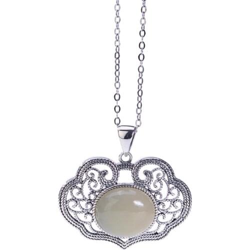 S925 sterling silver Hetian jade personality retro cloisonne hollow Ruyi exquisite ladies clavicle chain pendant